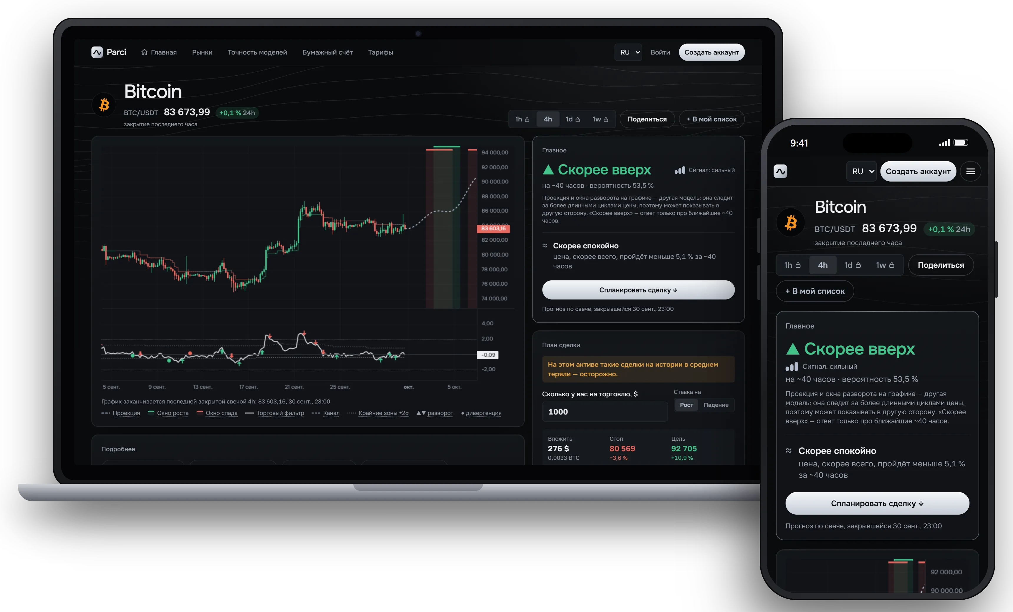 Parci на ноутбуке и телефоне: страница BTC с главным ответом, графиком и планом сделки